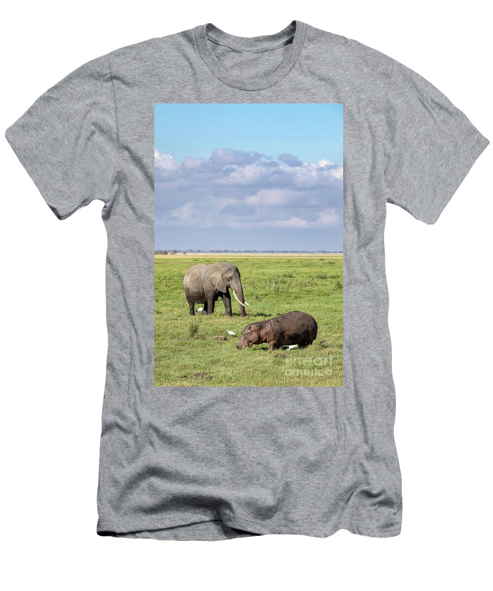 An African Elephant and Hippo in Amboseli Jane Rix T-Shirt